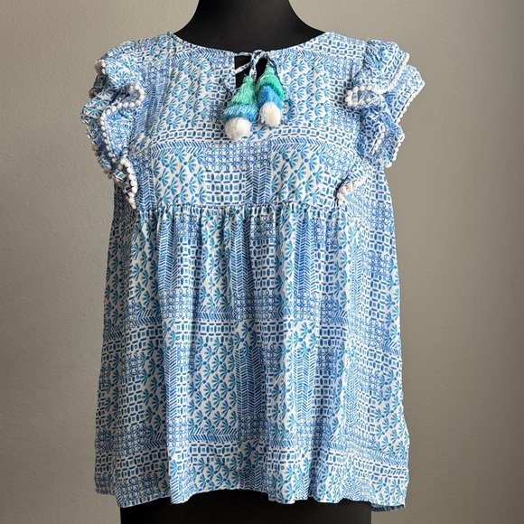 Vineyard Vines Patchwork Ruffle Sleeve Top Silk Blend Size Large - Picture 5 of 11